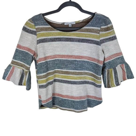 Green Envelope Terry Cloth Striped Neutral Pastel 3/4 Bell Sleeve Knit Top Sz M - Picture 1 of 5